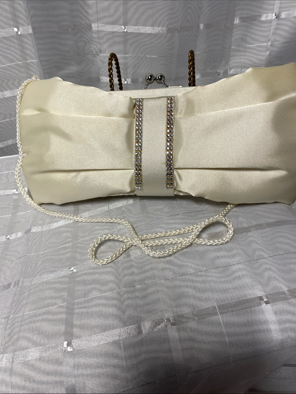 Kate Landry Ivory Satin Rhinestone Bow Clutch
